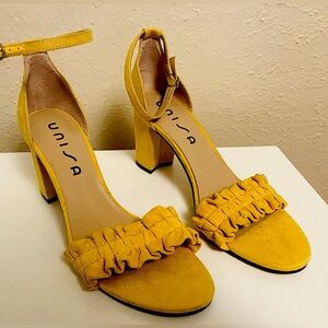 Unisa Open Toe Ruffle Yellow Block Heels